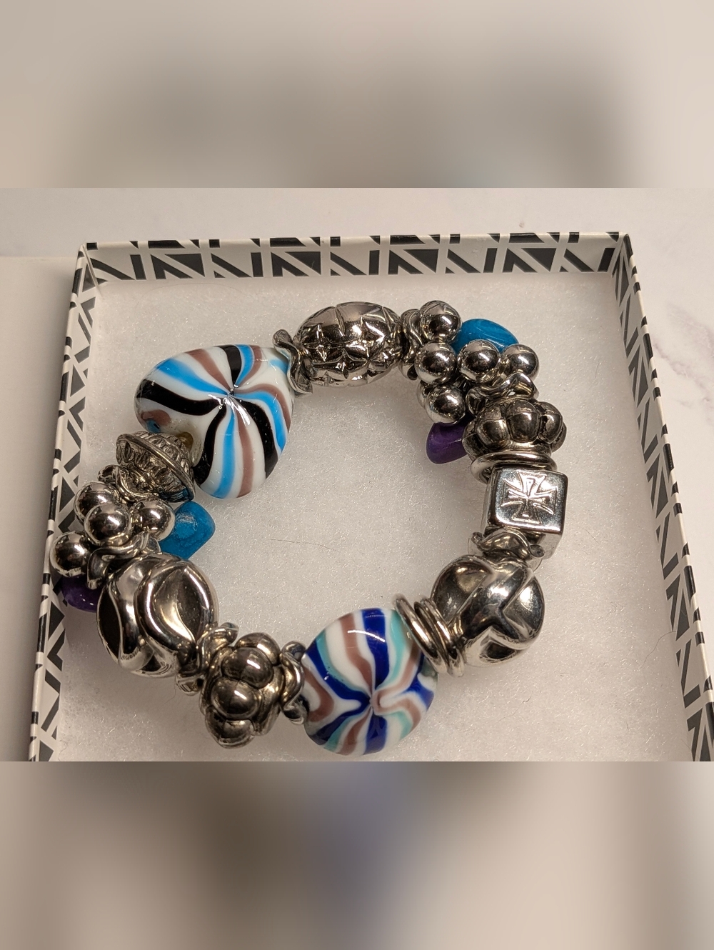 NIB Nordstrom Silver And Blue Stretchy Bracelet